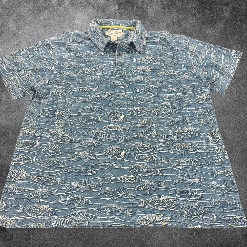 Crazy Shirts Hawaiian Polo Shirt Mens Large Blue Fish Print Ocean Beach Cotton